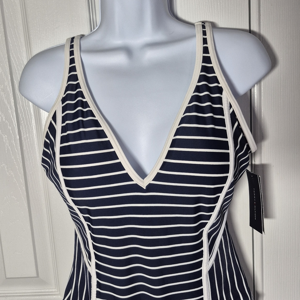 Tommy Hilfiger Swimsuit Navy Blue and White Striped One Peice Women's 12 New - Picture 3 of 16